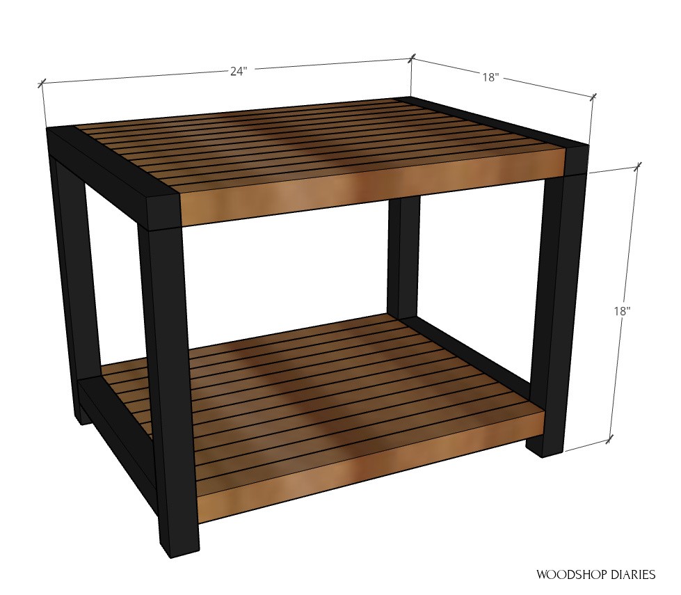 Overall dimensional diagram of end table--18" tall, 18" deep, 24" wide