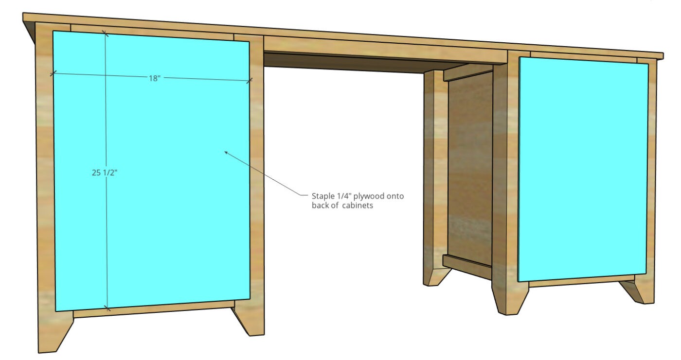 graphic showing the back side of the computer desk and dimensions of back panels