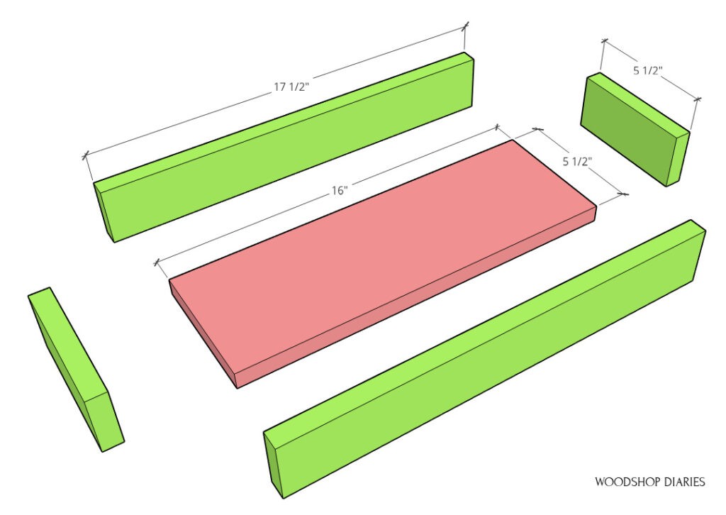 Exploded color coded diagram of shelf trays--bottom board pink, sides green