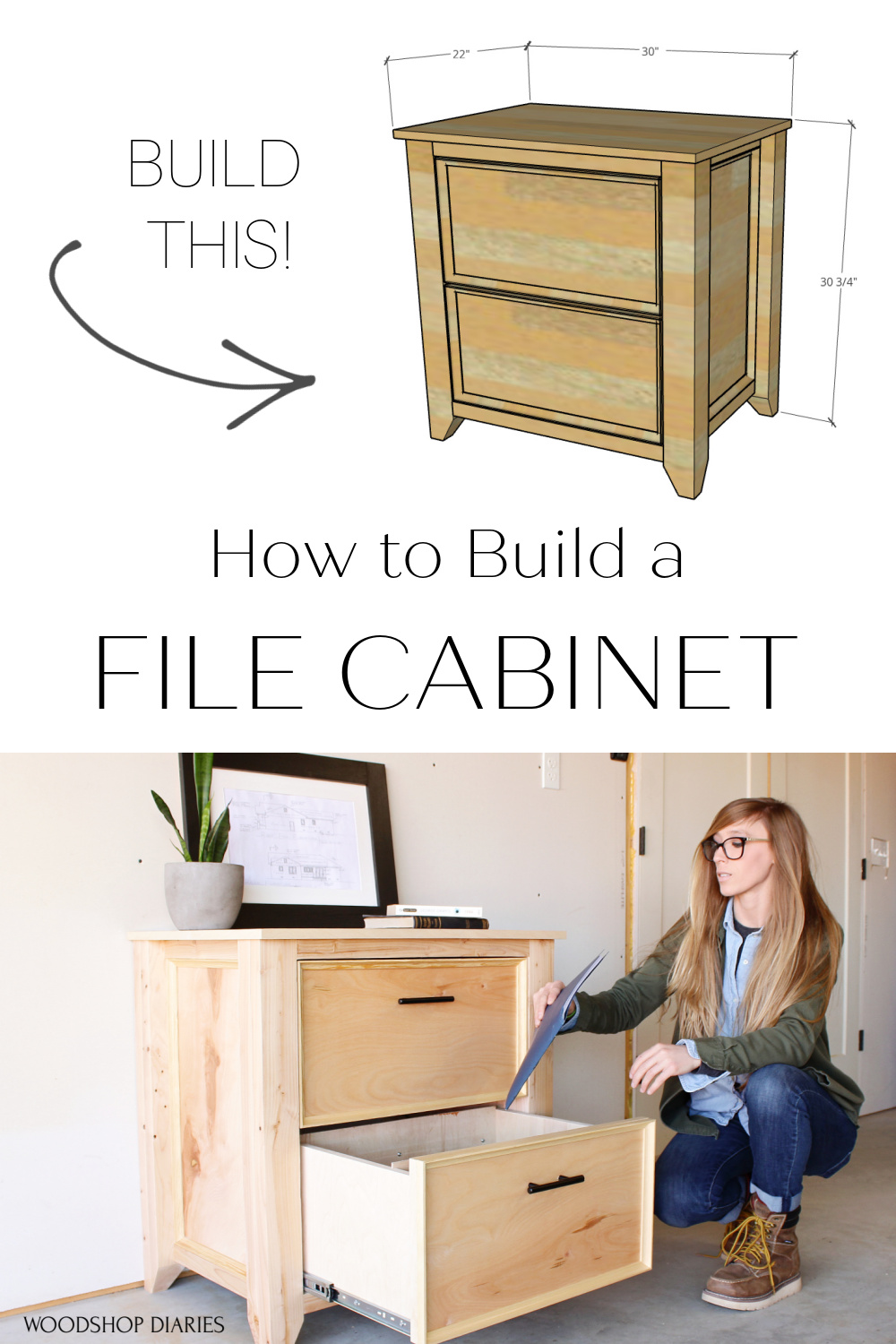 Pinterest graphic showing overall dimensional diagram at top and file cabinet drawer open with file inside at bottom