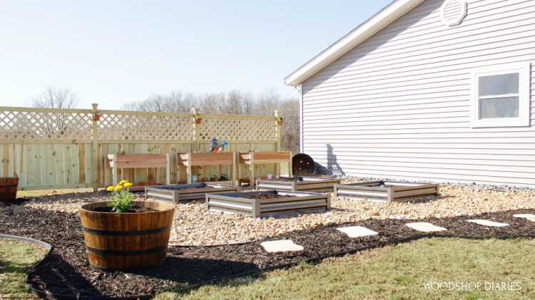 Wide shot of whole backyard makeover space with garden beds and rock and mulch