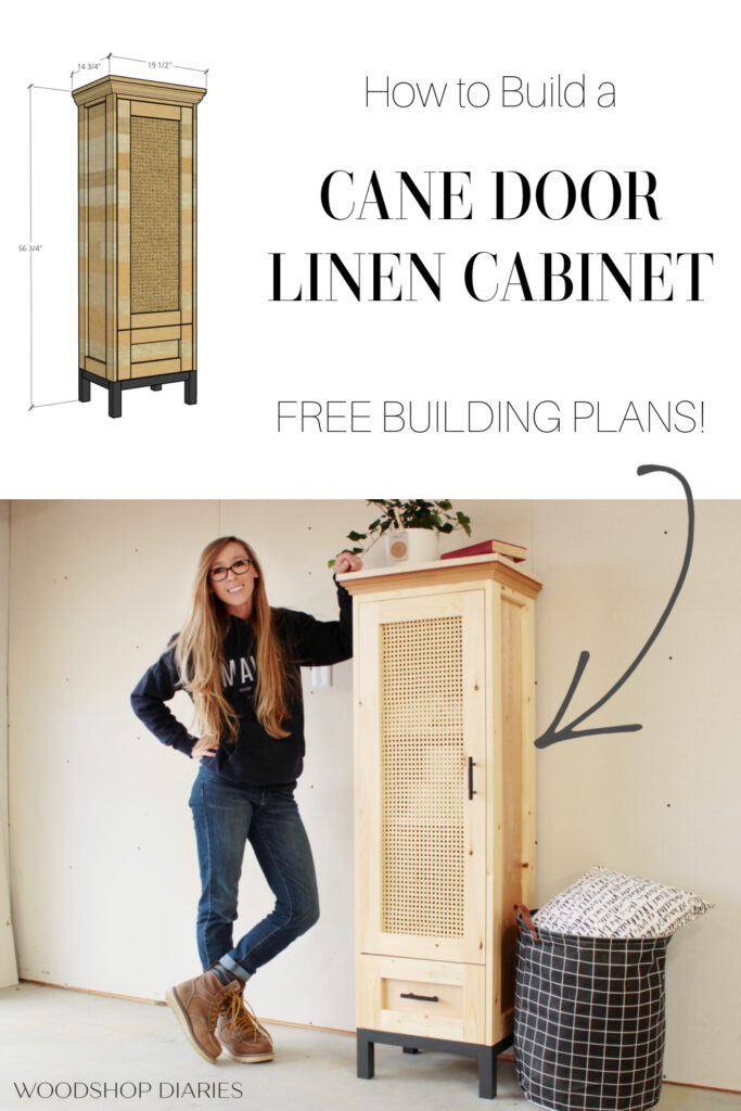 Pinterest collage of cane door cabinet overall dimensions at top and Shara standing next to finished cabinet below
