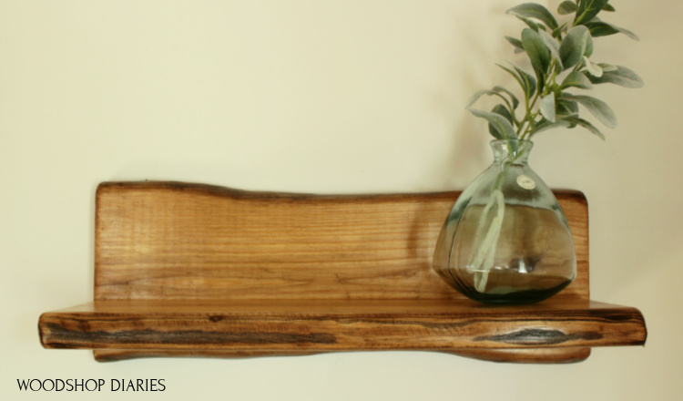 Front view of DIY faux live edge shelves showing edge detail