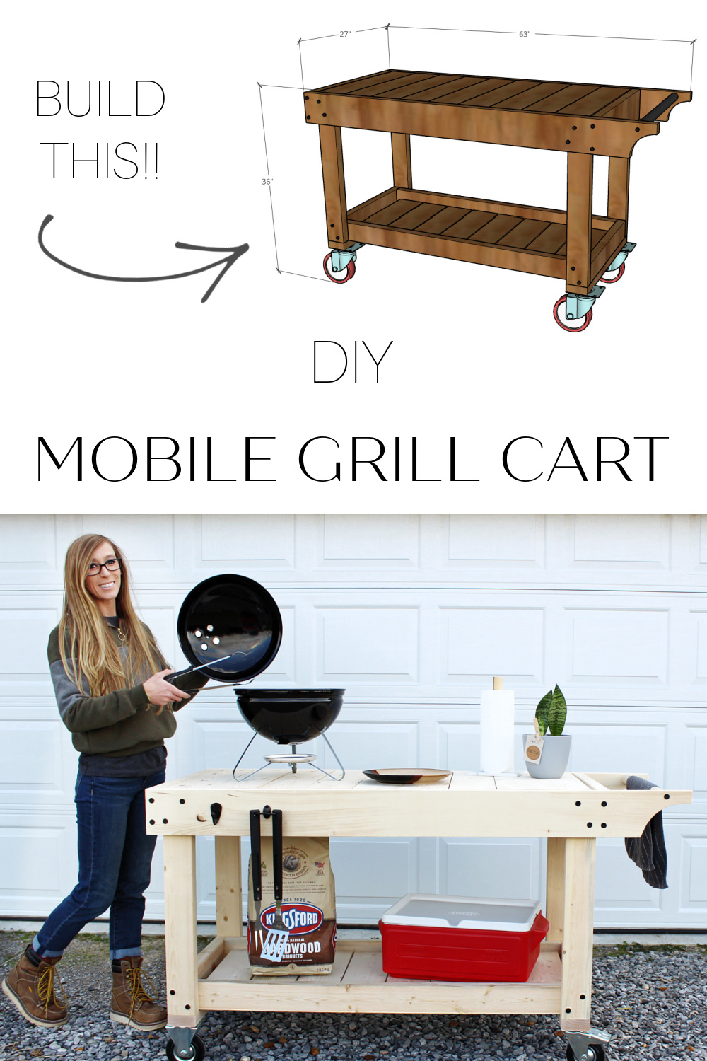 Pinterest graphic showing cart overall dimensions at top and Shara Woodshop Diaries grilling on bottom
