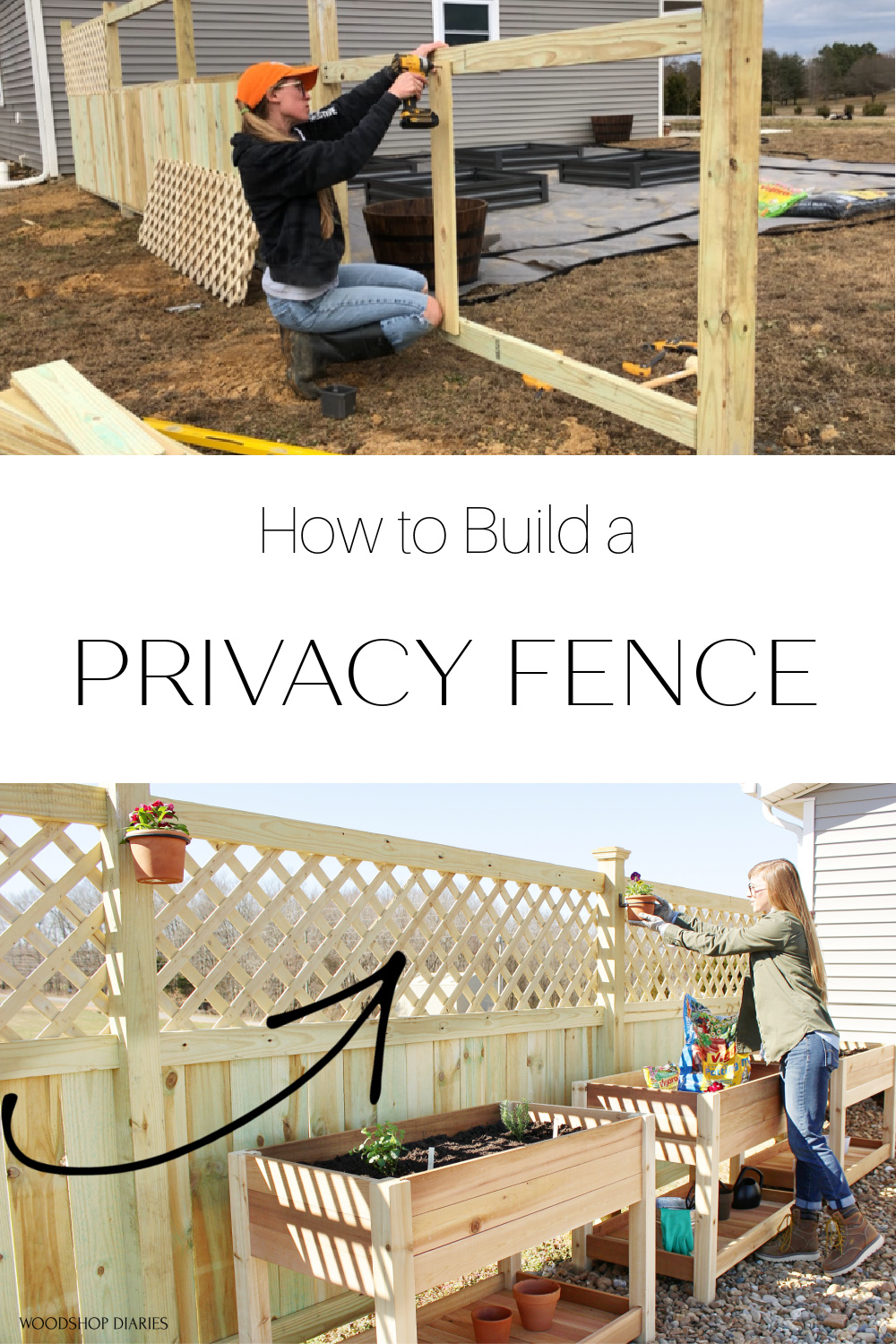 Pinterest collage building a privacy fence in process and after