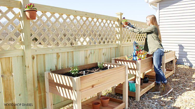 Shara hanging plant pots in hangers on garden privacy fence