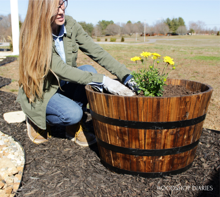 Shara planting flowers in barrel planters at corner of new updated garden patio