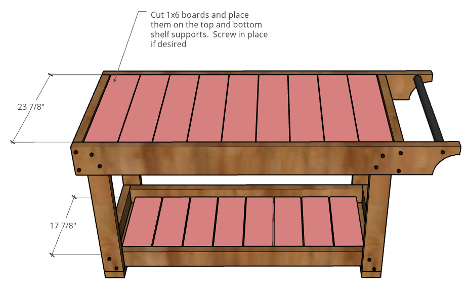 Graphic showing slats placed onto top and bottom tray of grill cart