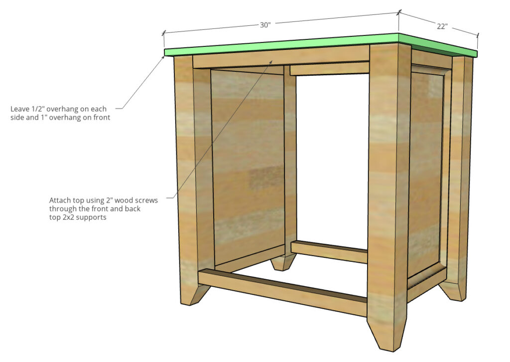 Dimensional diagram of top attached to cabinet bottom