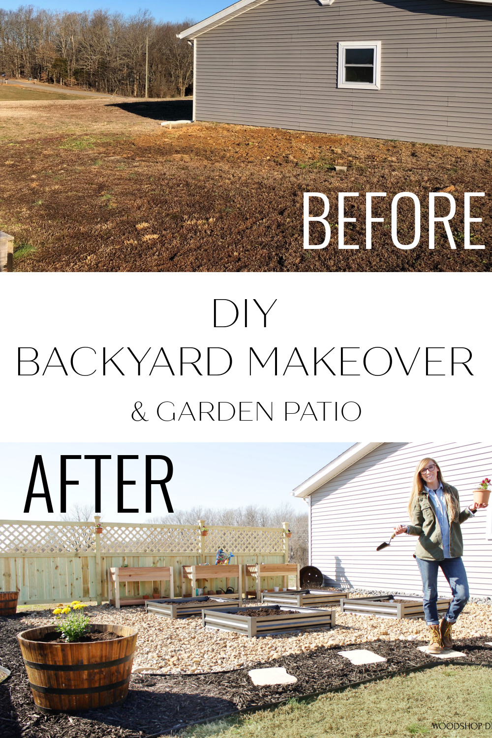 Pinterest collage of before and after DIY backyard makeover and garden patio