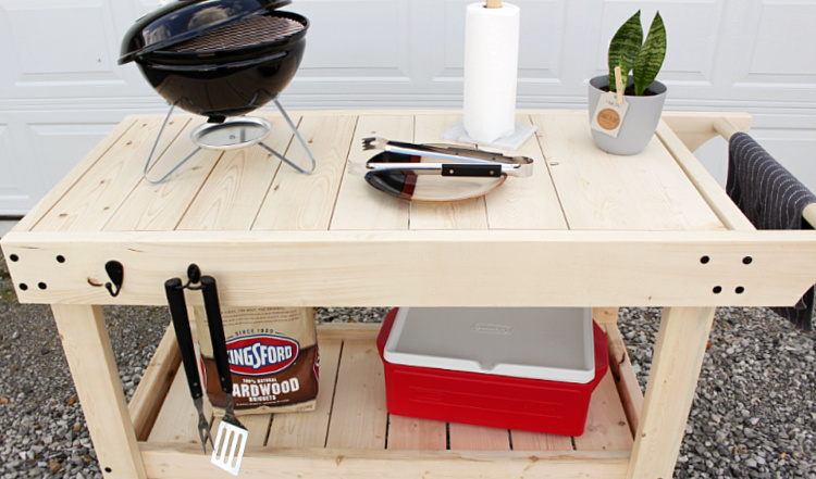 Close up of top of DIY grill cart with removeable slats