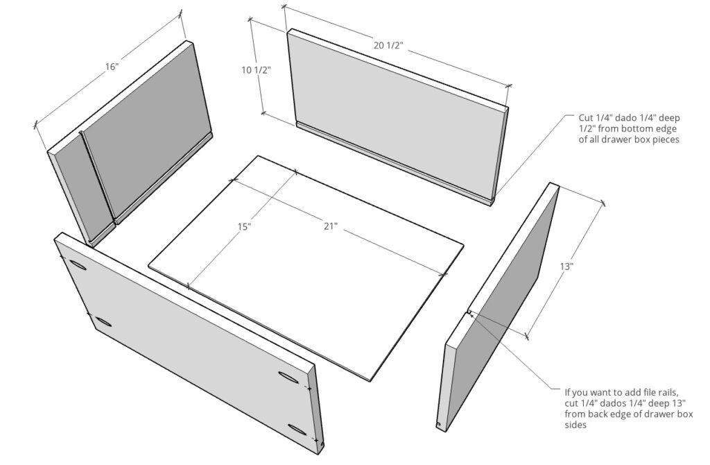 Exploded dimensional diagram of drawer boxes