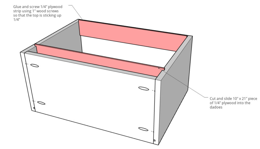 Diagram showing plywood file folder rails installed into drawer box