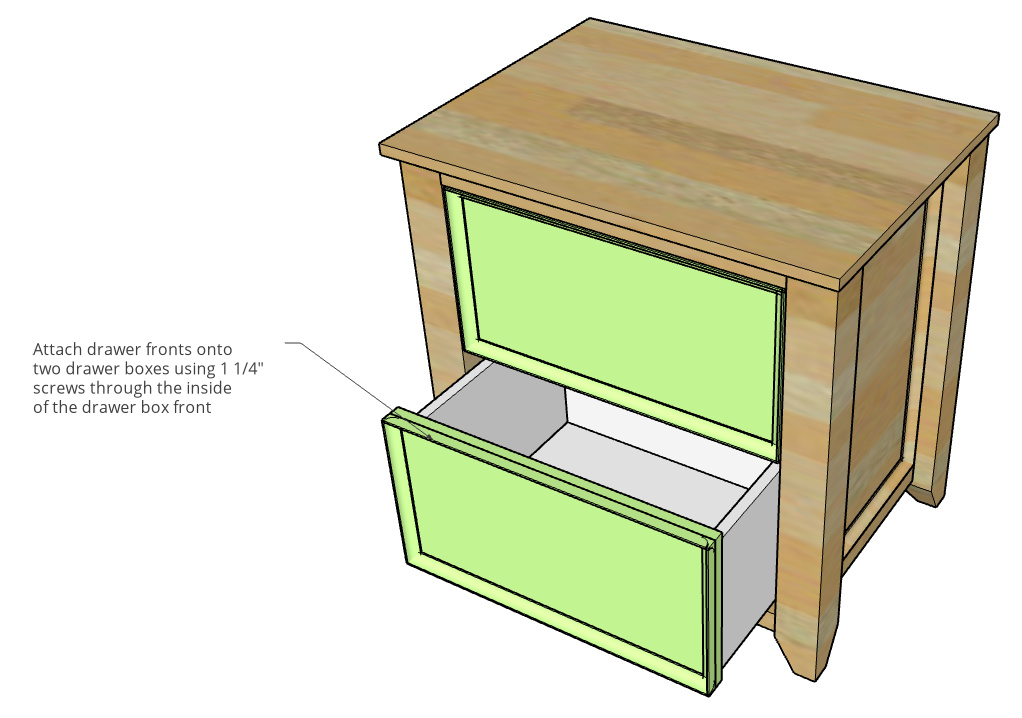 Diagram of drawer fronts attaching onto drawer boxes