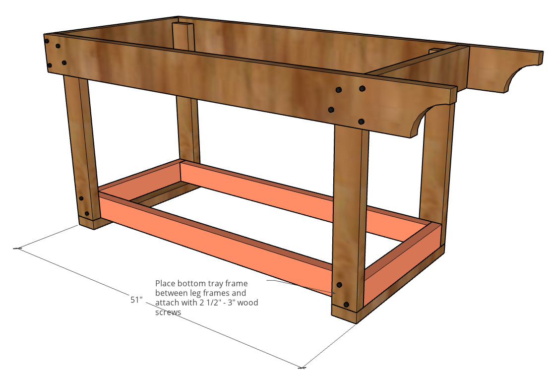 Bottom tray frame installed between leg assemblies