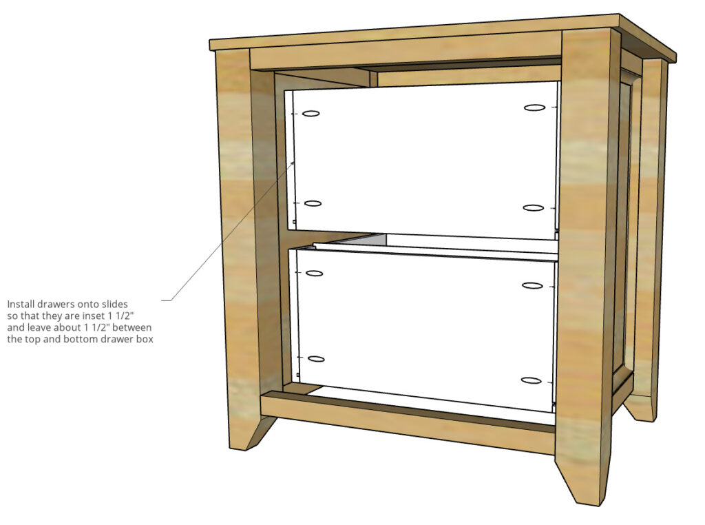 Diagram showing drawer boxes installed into cabinet with 1 ½" gap between them