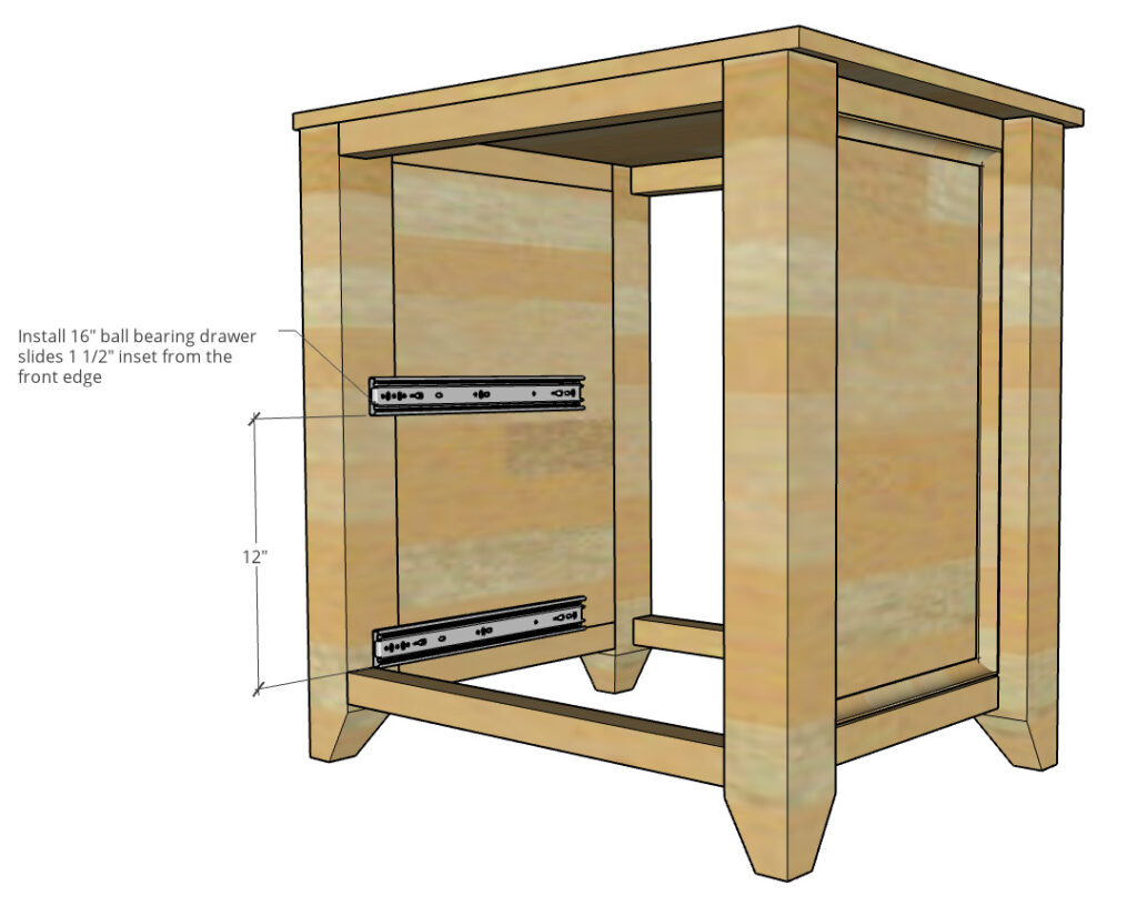 Diagram showing where to mount drawer slides into file cabinet carcass