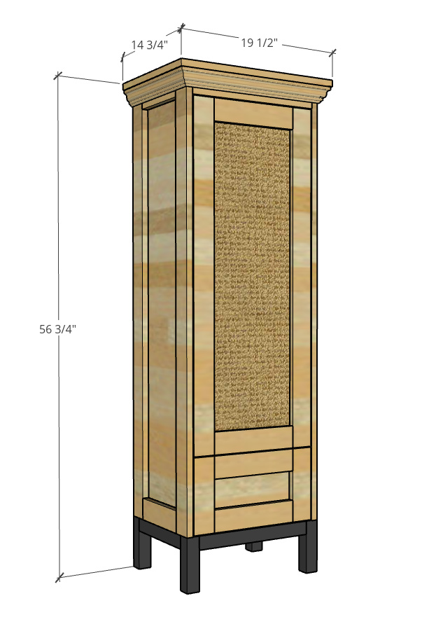 Overall size of DIY tall pantry cabinet--19 ½" wide, 14 ¾" deep, 56 ¾" tall.