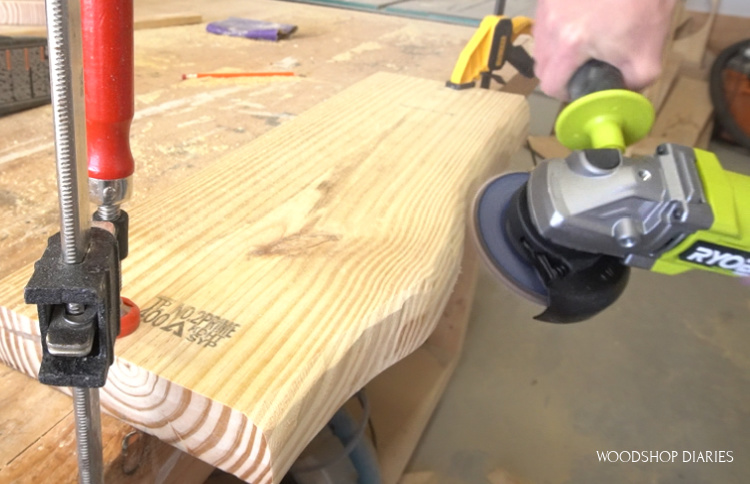Using angle grinder to carve front edge of shelf board