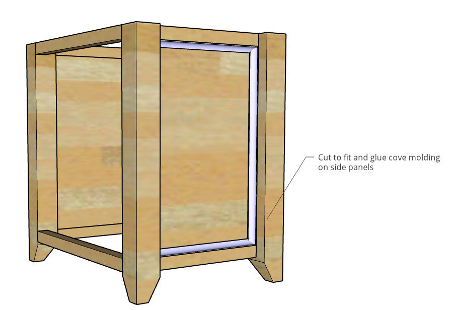 Diagram showing where to attach cove molding around side panels of file cabinet