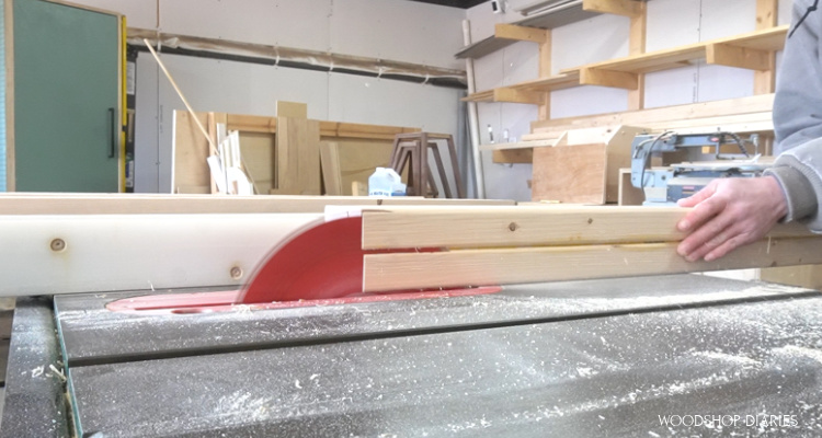 Shara Woodshop Diaries trimming table legs down on table saw