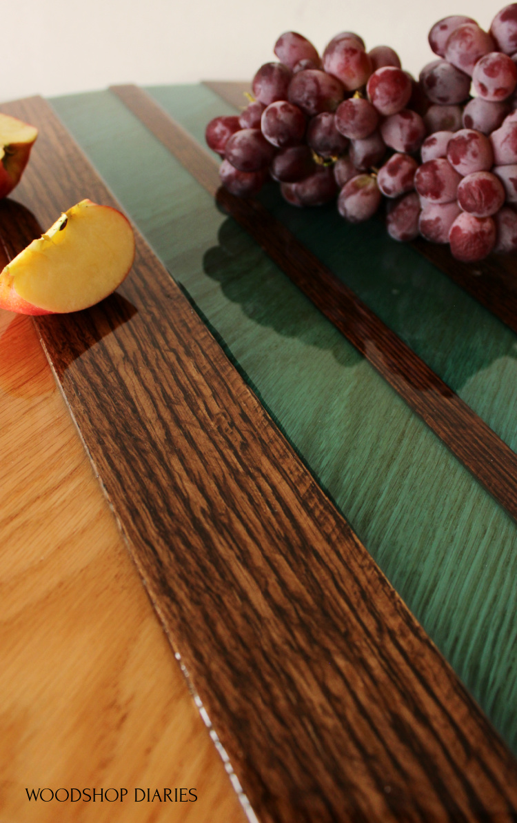 Close up of red oak shims on wood and resin lazy susan--turquoise and clear epoxy