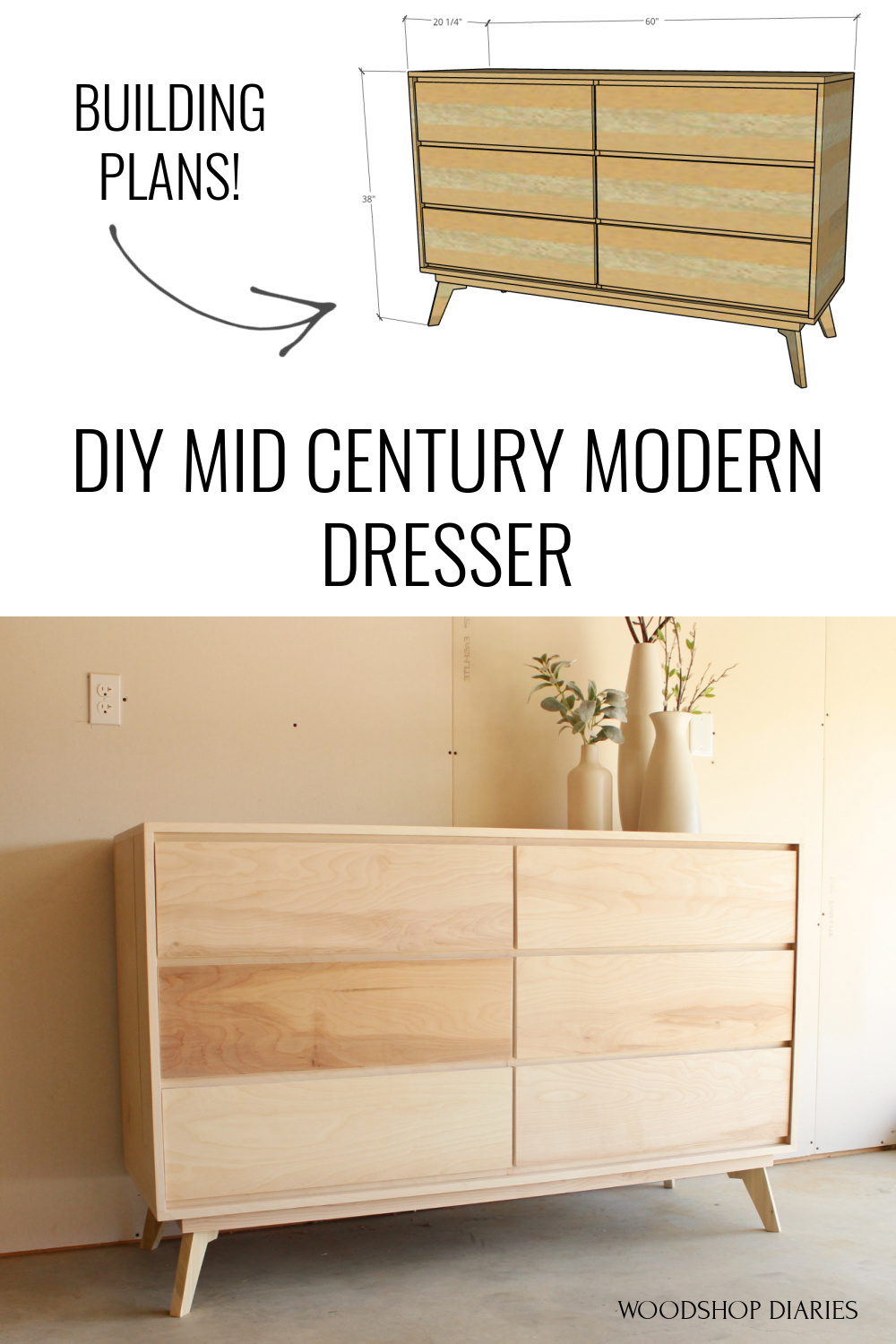 Pinterest collage diagram with overall dresser dimensions at top and finished dresser at bottom with text: DIY mid century modern dresser