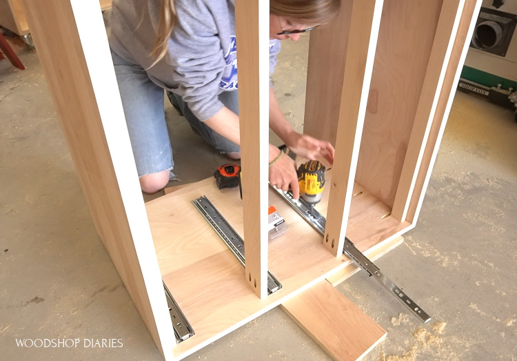 Shara Woodshop Diaries installing drawer slides into dresser cabinet