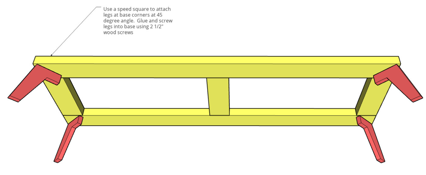 Diagram of legs attached to base frame for how to build a modern dresser project