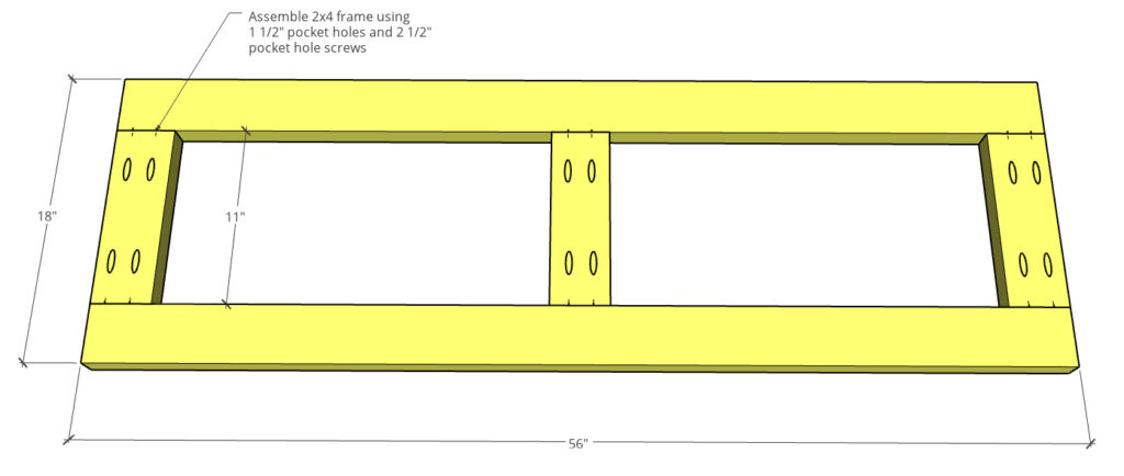 2x4 base frame assembled using pocket holes and screws to go on bottom of dresser box