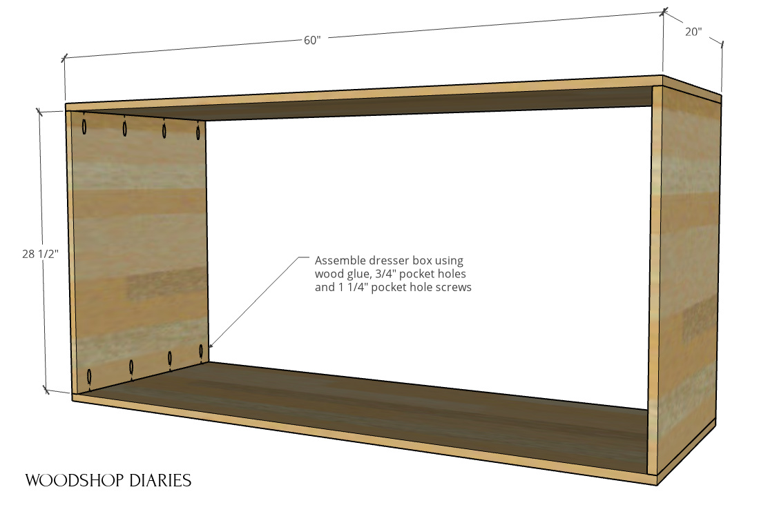 Main dresser body assembled with pocket hole screws digram