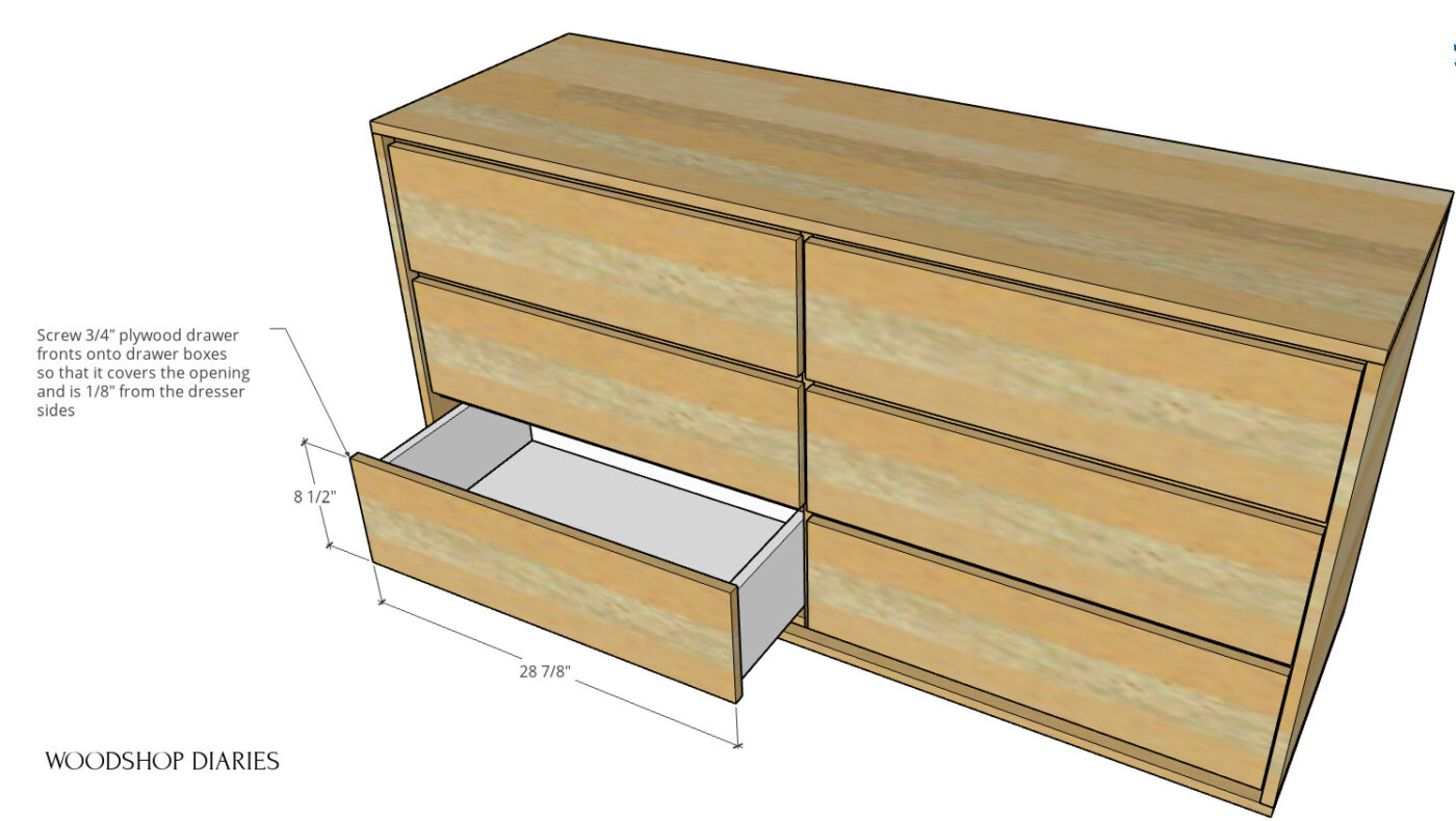 Diagram of drawer fronts installed onto dresser drawers with dimensions