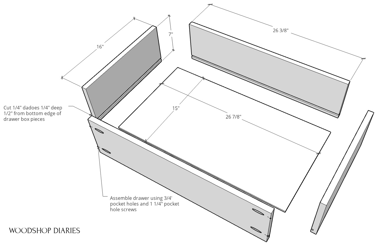 exploded view of drawer boxes for DIY modern dresser build