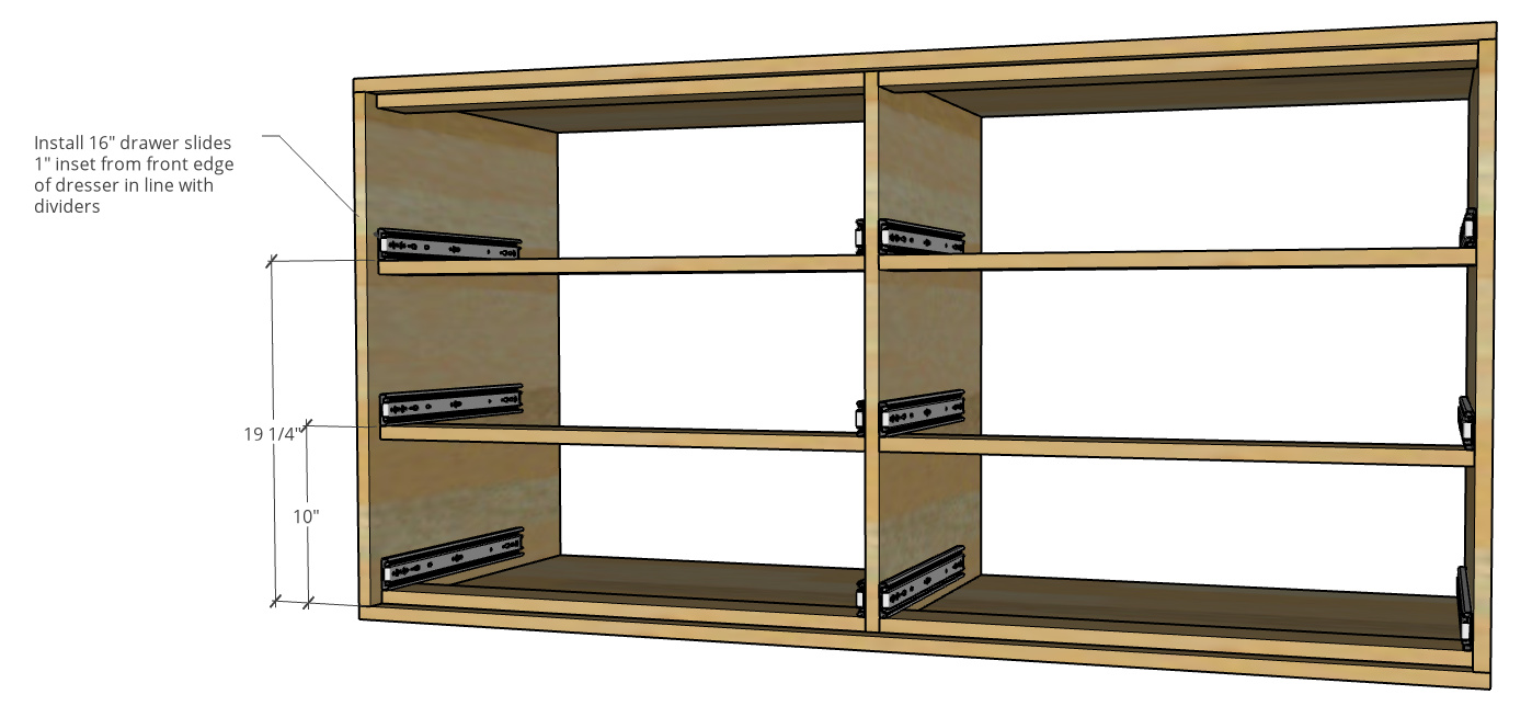 Diagram of how to build a modern dresser showing drawer slide placement