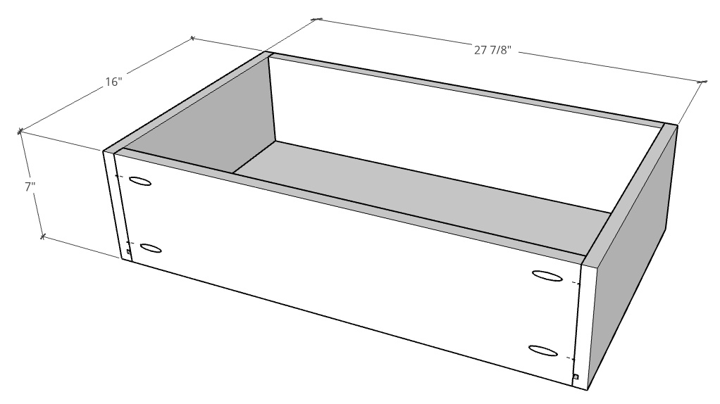 Overall drawer box dimensions--7" tall, 16" deep and 27 ⅞" wide