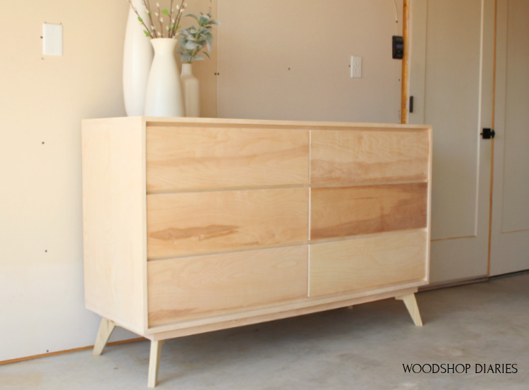 Completed plywood dresser built from these how to build a modern dresser plans