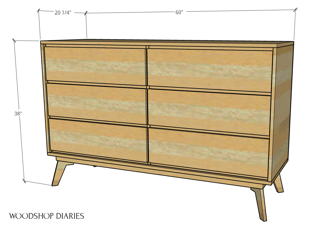 Diagram of overall mid century modern dresser dimensions--38" tall, 60" wide, and 20 ¼" deep