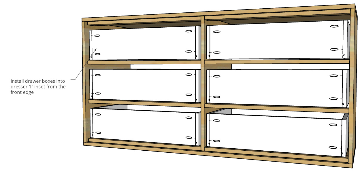 Diagram of drawer boxes installed into dresser frame