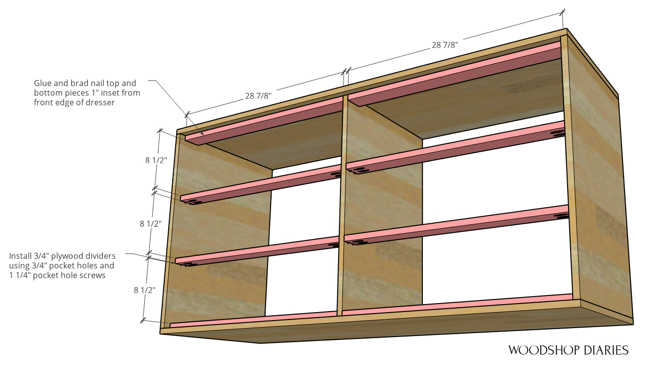 Drawer divider diagram showing where and how to add divider pieces into main dresser body