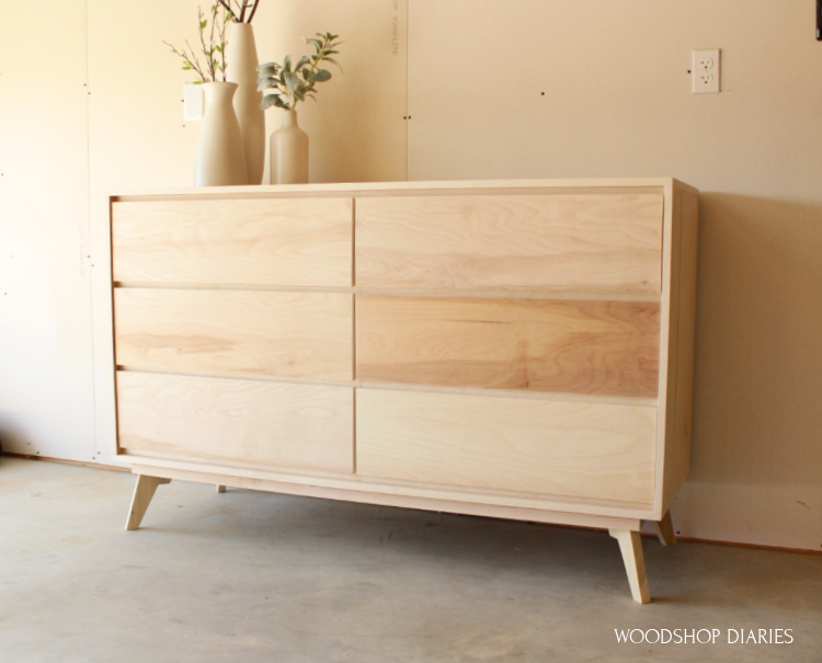 DIY plywood mid century modern dresser with 6 drawers and modern legs