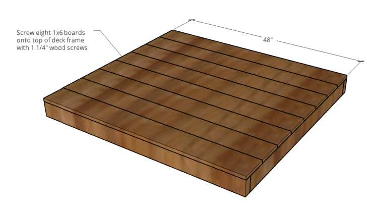 Diagram showing decking boards attached to frame for DIY pet house