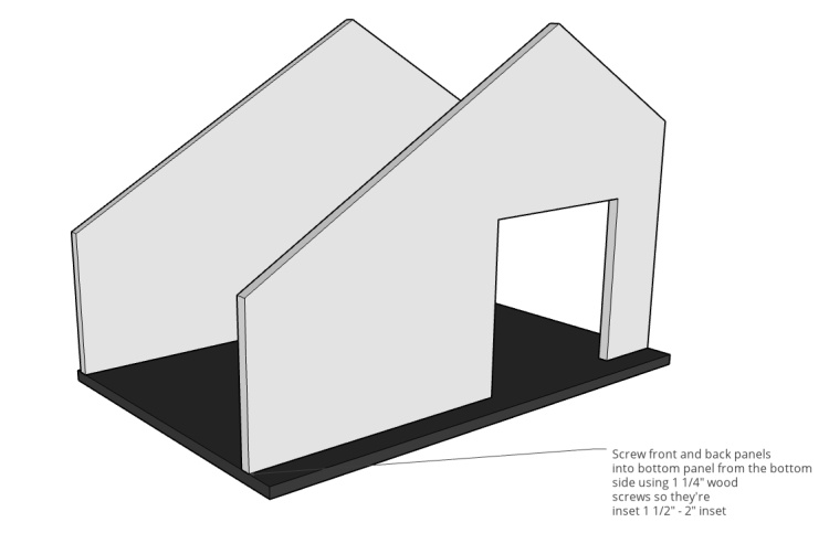 Pet house assembly diagram showing front and back panels attached to bottom panel