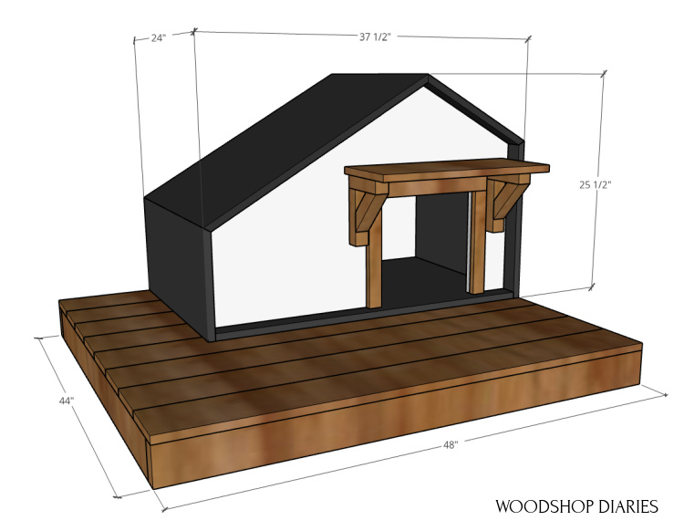 Overall dimensions of DIY pet house with deck