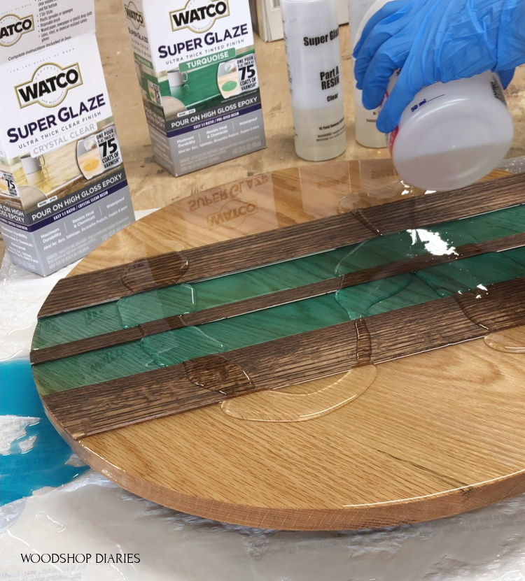 Pouring clear flood coat of epoxy over lazy susan