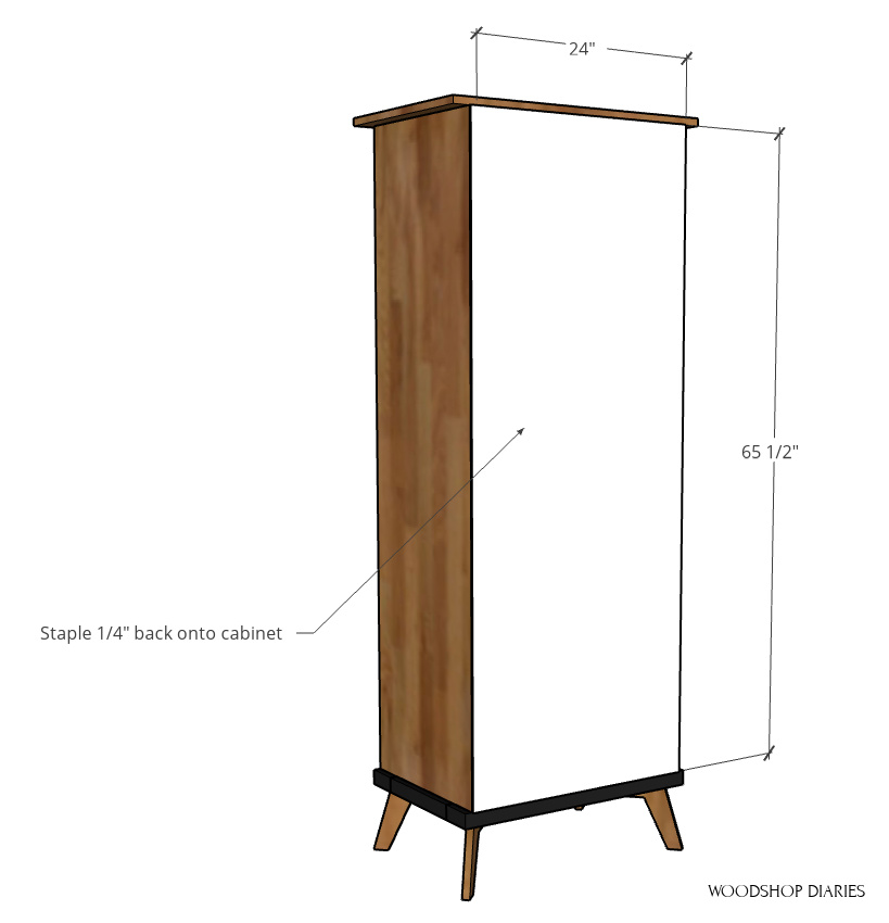 computer diagram showing installing the back panel onto the bookcase cabinet