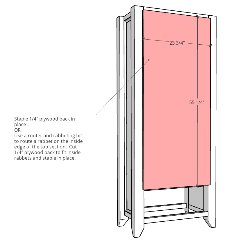 Back panel diagram with dimensions showing it attached onto back side of cabinet frame