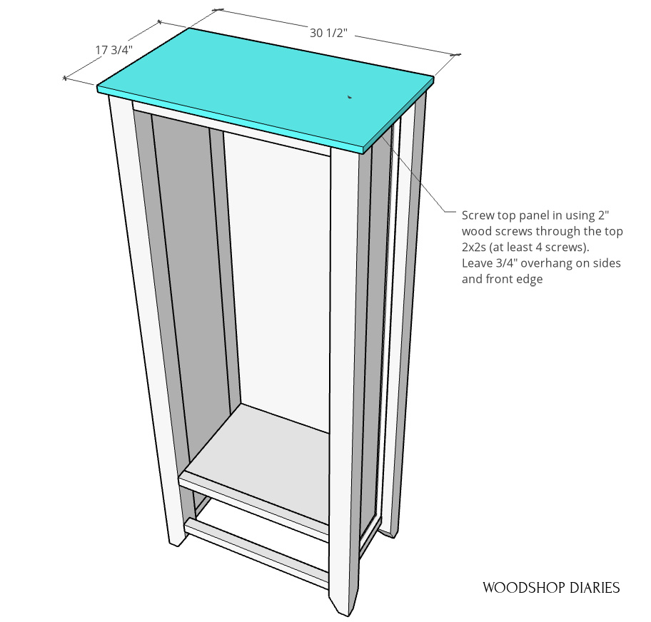 Diagram of top panel installed onto armoire wardrobe cabinet