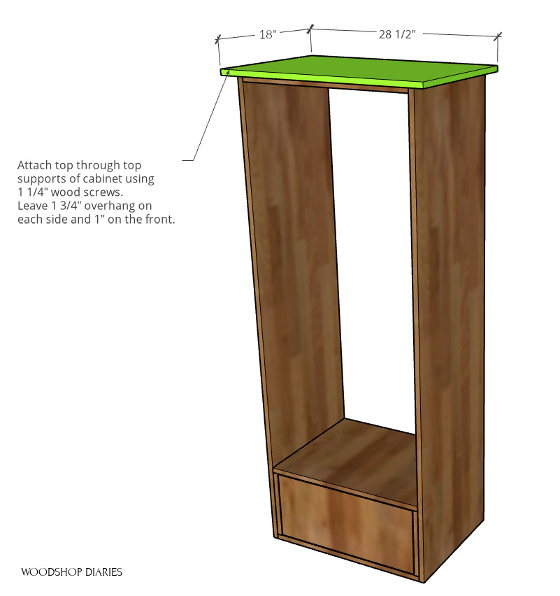 Computer diagram showing installing the top panel onto the bookcase cabinet