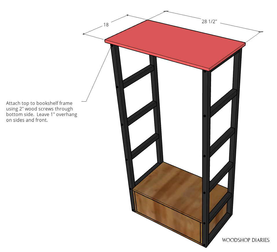 Dimensional diagram of bookshelf top attached to frame