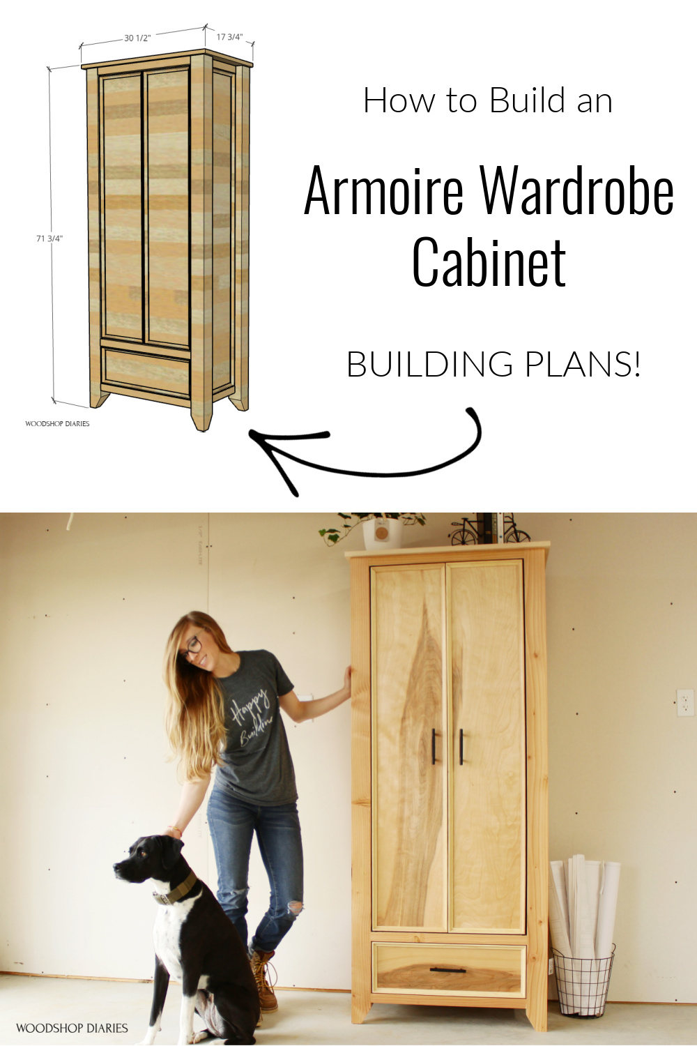 Pinterest graphic showing overall dimension diagram at top and finished project at bottom with text "how to build an Armoire Wardrobe Cabinet Building Plans!"